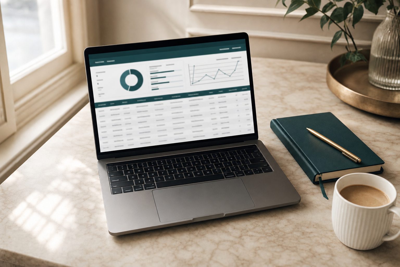 A laptop on a marble desk showing the job search tracker dashboard, beside a teal notebook and a cup of coffee.